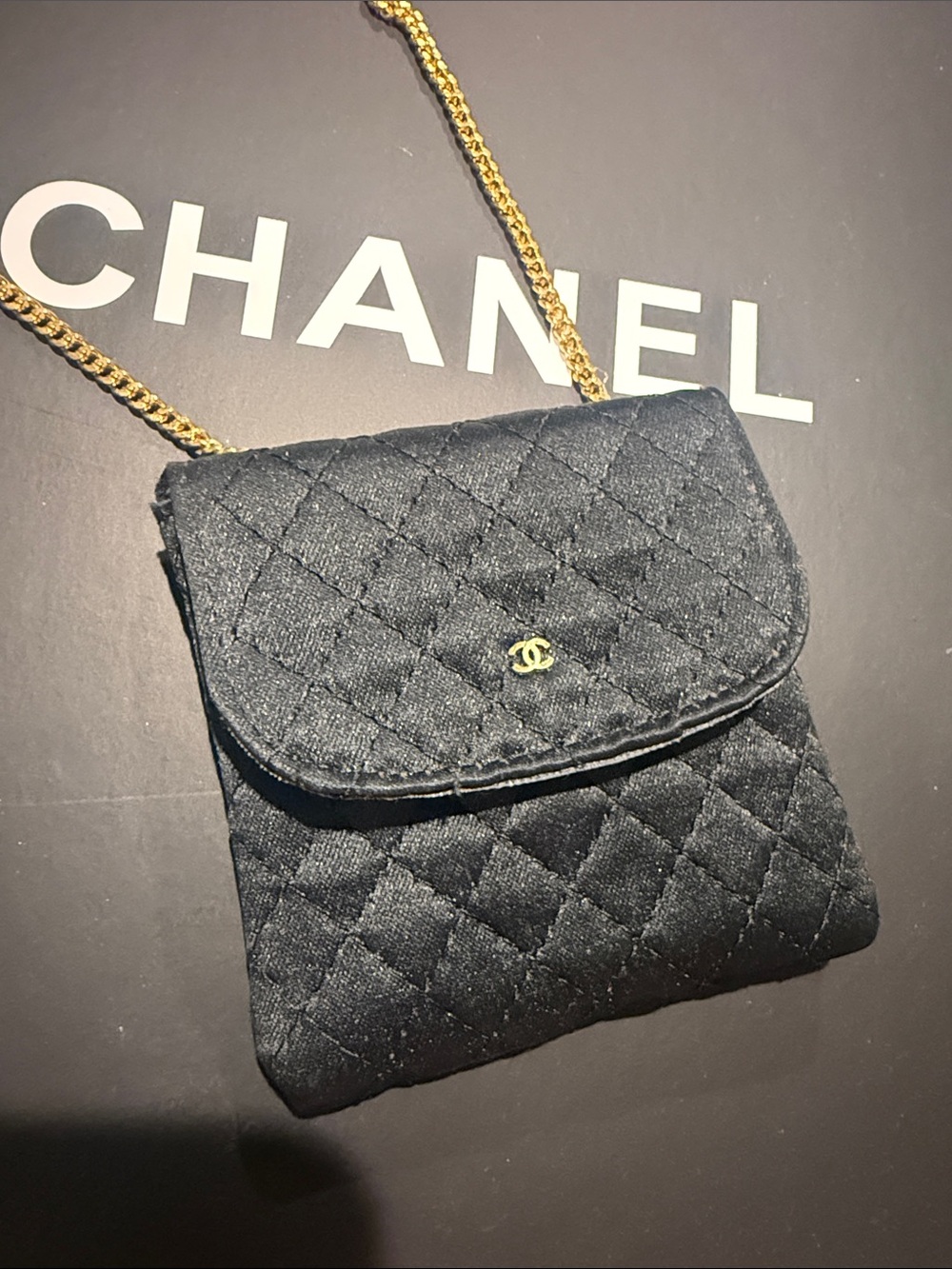 CHANEL Black Quilted Crossbody with Gold Chain and CC Logo